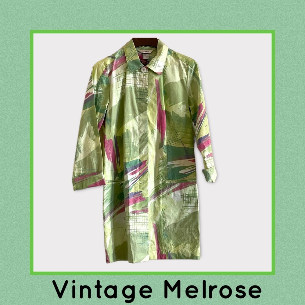 Vintage Melrose green & pink abstract waterproof trench coat